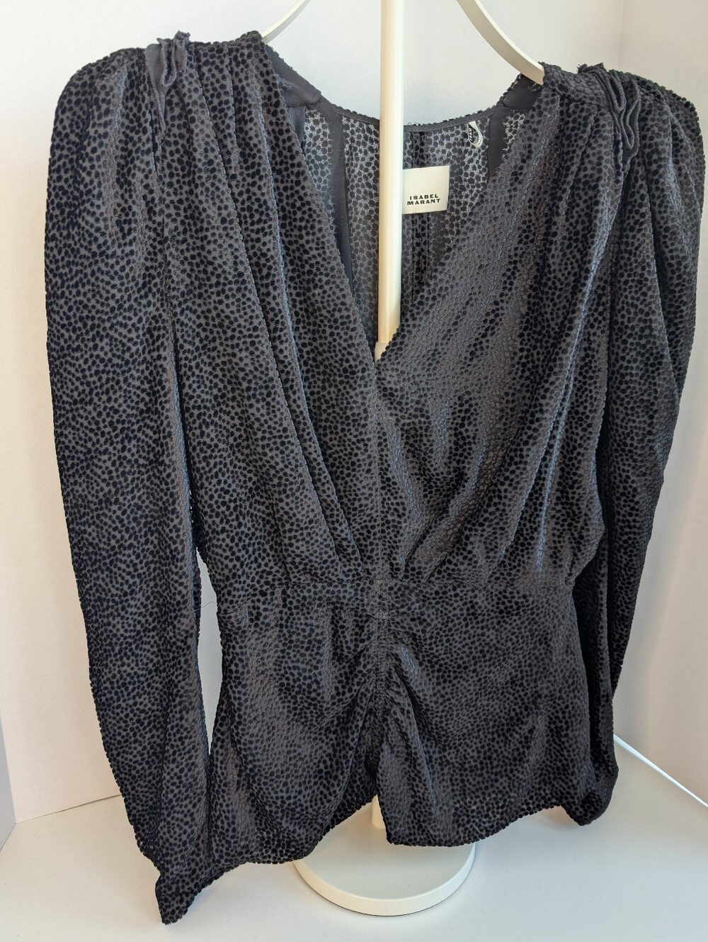 ISABEL MARANT - Textured Black Long-Sleeve V-Neck Blouse - 34 / Size 0